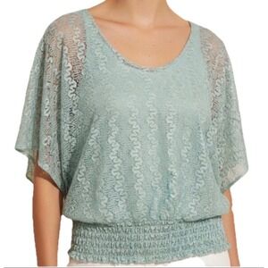 Lavish Lace Dolman Sleeve Top Women Size S Seafoam Green Smocked Waist Boho